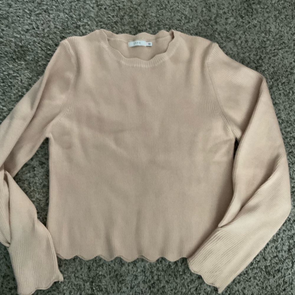Lush Cream Crew Neck Sweater with Ribbed Detailing - Small